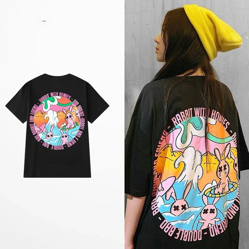 

Fashion Retro Funny Cartoon Rabbit Print T Shirt Summer Cotton High Street Dark Souls T-shirts Men Street Wear Tee Shirt Homme