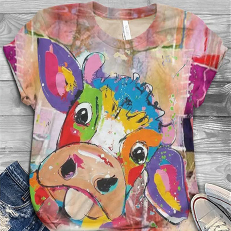 

Women's Funny Animal Print T-shirt Cute Cattle Graphic Tee Tops Causal Dog And Cat Pattern Short Sleeve Shirts Causal Blouse