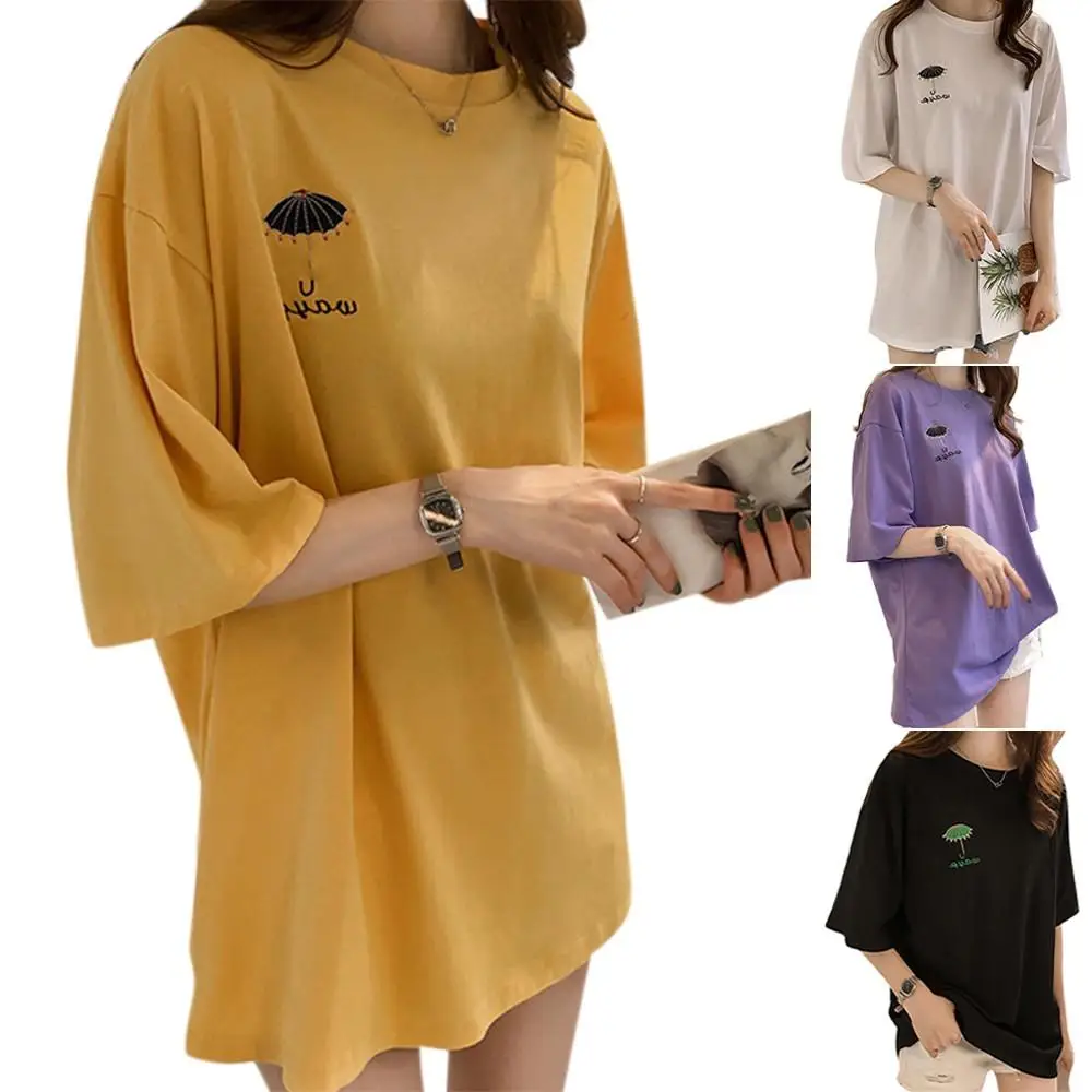 

Embroidery Women Summer Printed T Shirts Female Round Neck Loose Tops