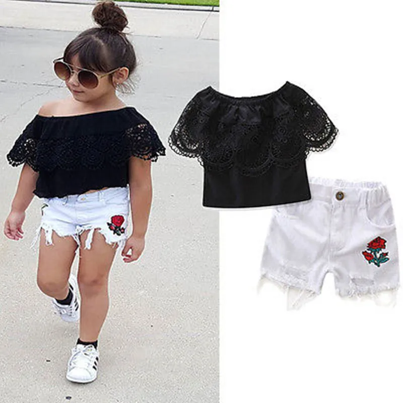 

2 шт., детские кружевные топы и джинсовые шорты