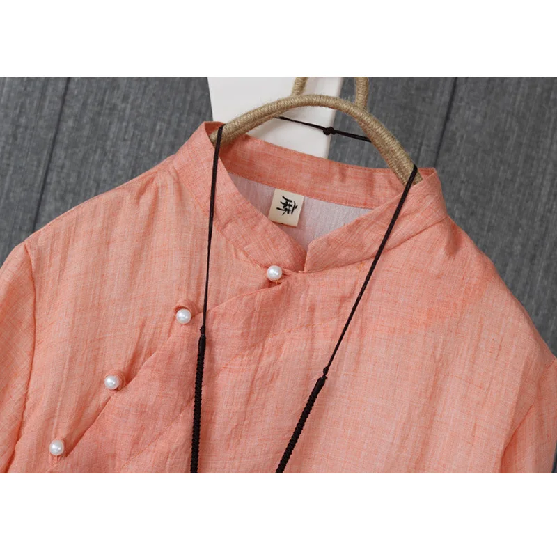 

shirt literary style cotton linen tops female buckle small shirt loose retro elegant women's traditional Chinese women shirts