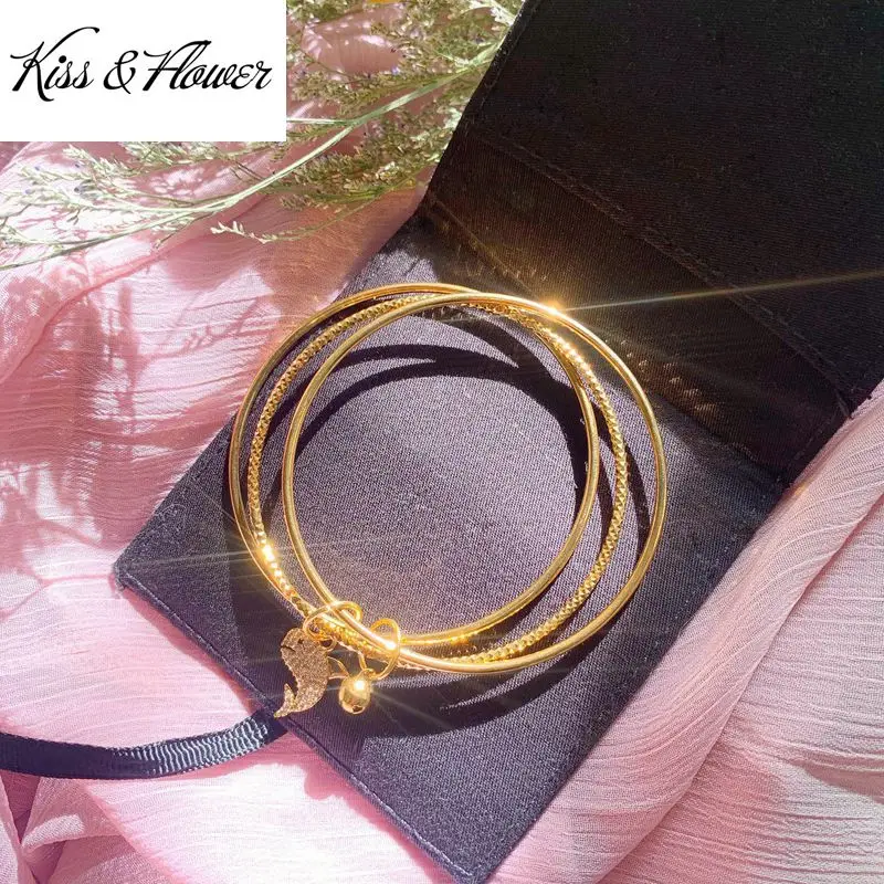 

KISS&FLOWER BR278 Fine Jewelry Wholesale Fashion Woman Girl Bride Birthday Wedding Gift Bells Whale 24KT Gold Bracelet Bangle