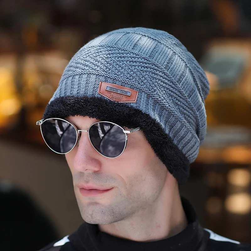 grey Теплые зимние головные уборы для мужчин и женщин Beanie подарки набор шарфов Skullies Beanies бархатная утолщенная шерстяная вязаная шапка-маска - Цвет: grey