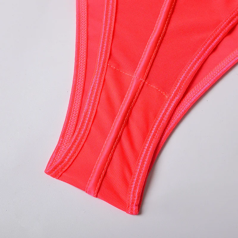 women's sexy fluorescent color perspective fishnet lace underwear Teddy bodysuit steel ring gathered one-piece bra set | Женская