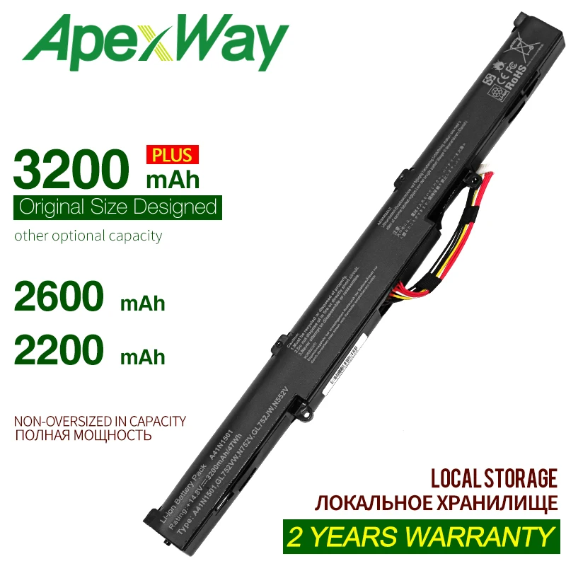 

ApexWay 14.4V 3200mAh A41N1501 battery for ASUS GL752JW GL752 GL752VL GL752VW N552 N552V N552VW N752 N752V N752VW N752VX A41LK9H