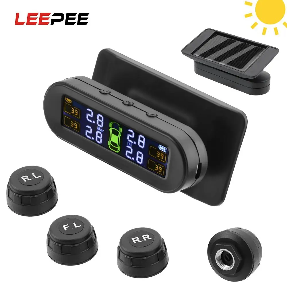 

Solar TPMS With 4 External Sensors Car Tire Pressure Monitoring System Tyre Pressure Monitor Temperature Warning Fuel Save