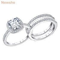 newshe solid 925 sterling silver engagement ring set for women guard wedding band halo cushion cut aaaaa cz minimalist jewelry