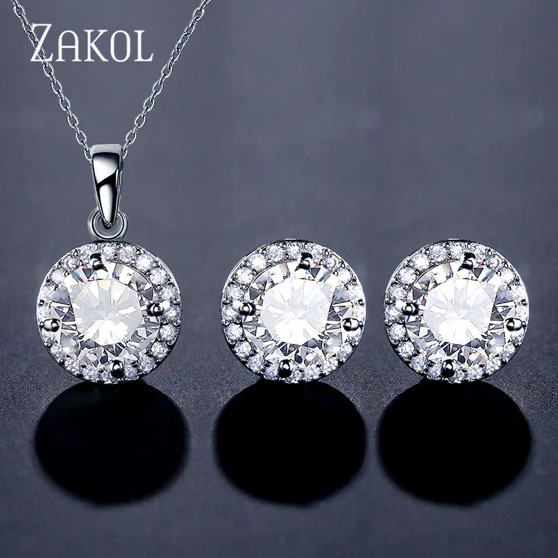 

ZAKOL Trendy White Blue Micro Inlay Round Zirconia Crystal Stud Earrings & Necklace Jewelry Set for Women Party Gift FSSP3170