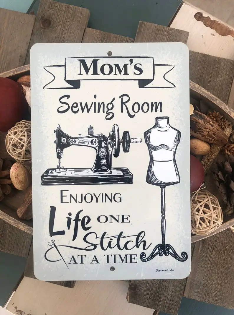 

Metal Wall Sign Poster Mom's Sewing Room Enjoying Life One Stitch Tin Sign Shop Wall Decoration Vintage Metal Plate 12*8 Inches
