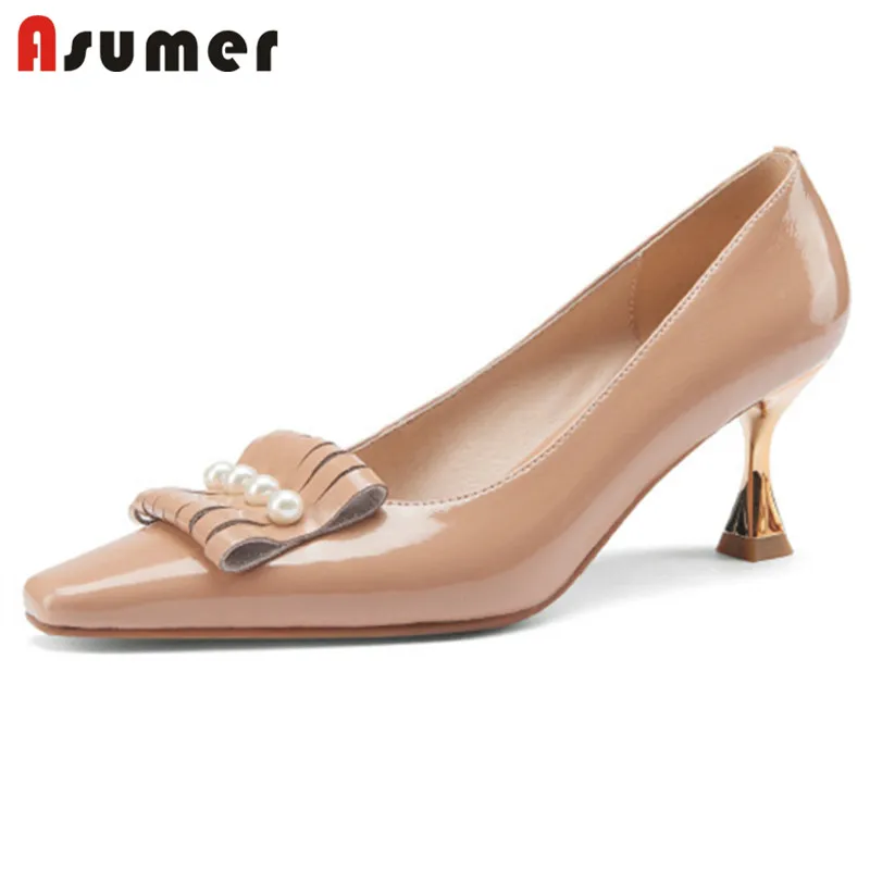 

ASUMER 2022 New Arrive Genuine Leather Footwear Women High Heels Party Wedding Shoes Pearl Slip On Spring Women Pumps Wine Red