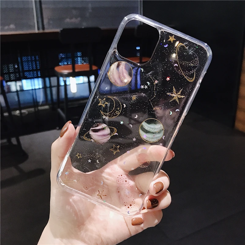 Glitter Planet Star Moon Space Phone Case For iPhone 14 Pro Max 13 12 11 X XS XR 7 8 Plus Mini Transparent Soft Epoxy Back Cover