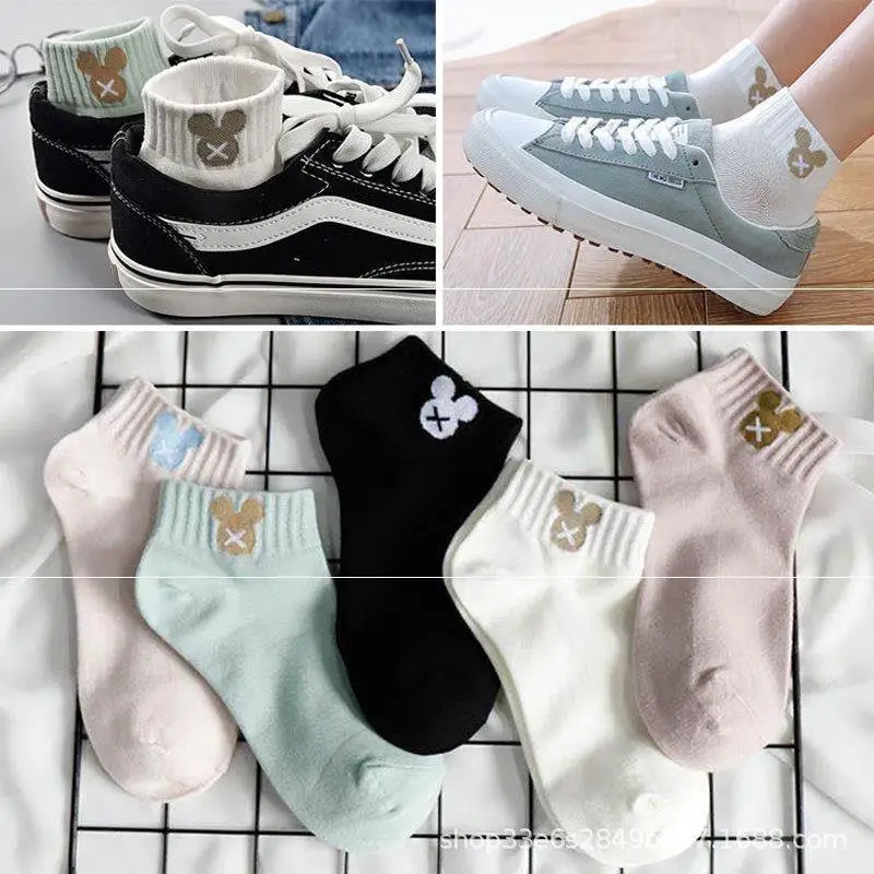 

5 Pairs Disney cartoon anime figure Women Socks casual Solid Color Boat socks Comfortable Cotton Ankle Socks White Black Mickey