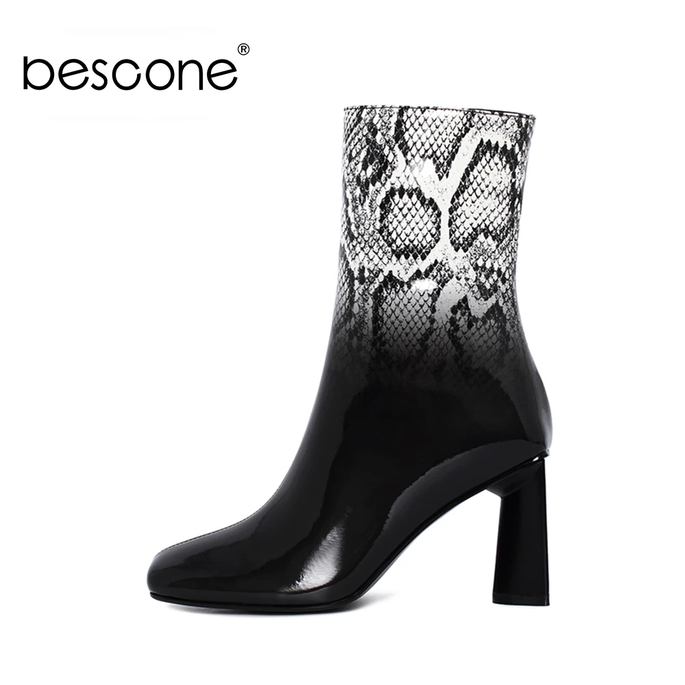 

Bescone зимние теплые офисные снэк-узором ботильоны женские кожаные квадратный носок Швейные дизайн с молнией на высоких квадратных каблуках ...