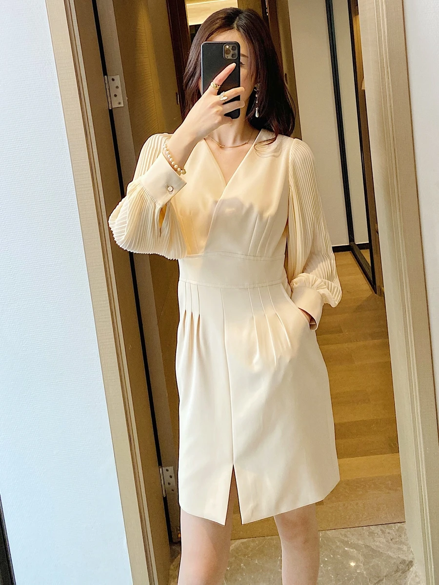 

New Summer Autumn Office Lady Wear to Work Dress Female Bubble sleeve Slim Midi Dress Vestidos OL