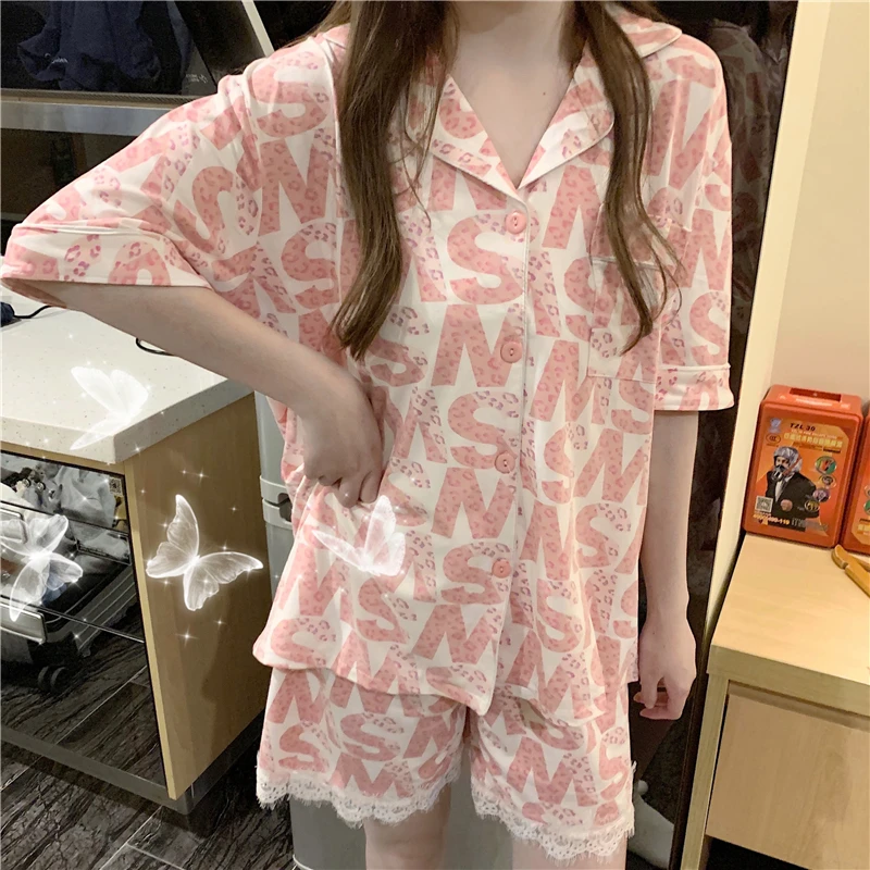 

Harajpee Sweet Pajamas Suit Women's 2021 Summer Sleepwear New Cute Gentle Short Sleeve Shorts Casual Home Wear Two Piece Set