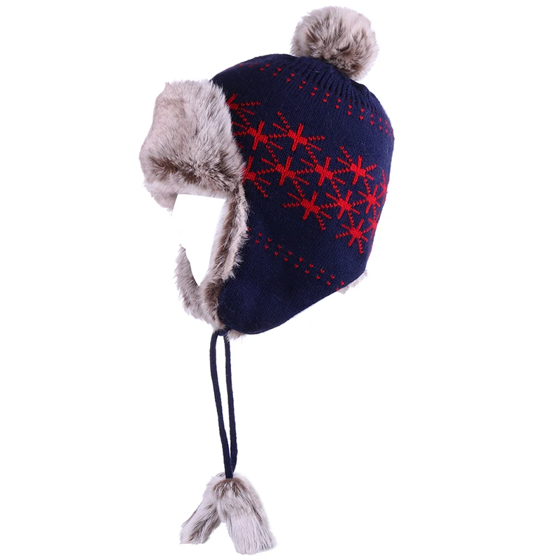 Шапка-бомбер женская зимняя русская ушанка шерстяная вязаная шапка с помпоном