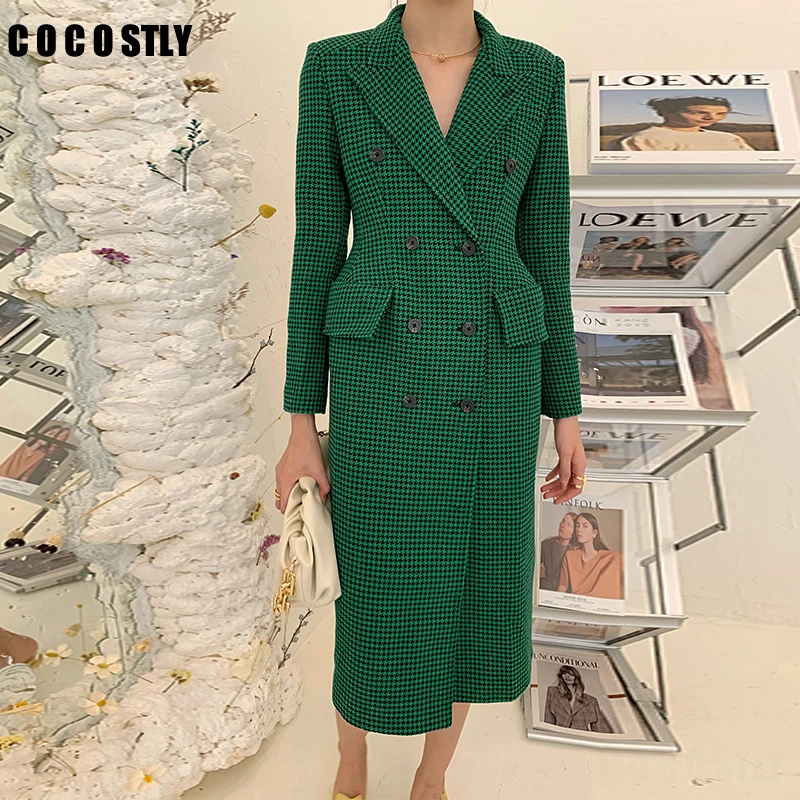 

Новинка 2021, Женское зимнее пальто, модное зеленое шерстяное пальто в клетку, двубортное приталенное длинное шерстяное пальто из твида