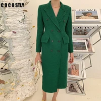 new 2021 women winter coat fashion green plaid woolen coat double breasted houndstooth slim long fashion wool overcoat