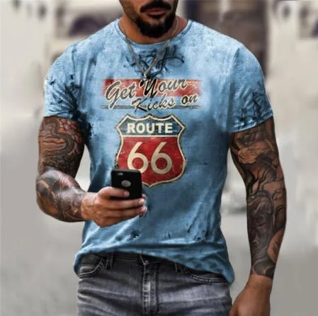 2021 Летняя мужская футболка винтажная Европейская и американская 66 дорожная с