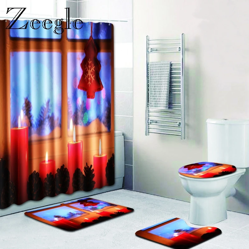 Zeegle Christmas Bath Mat with Shower Curtain Set Microfiber Toilet Foot Rug U Type Washable Floor | Дом и сад