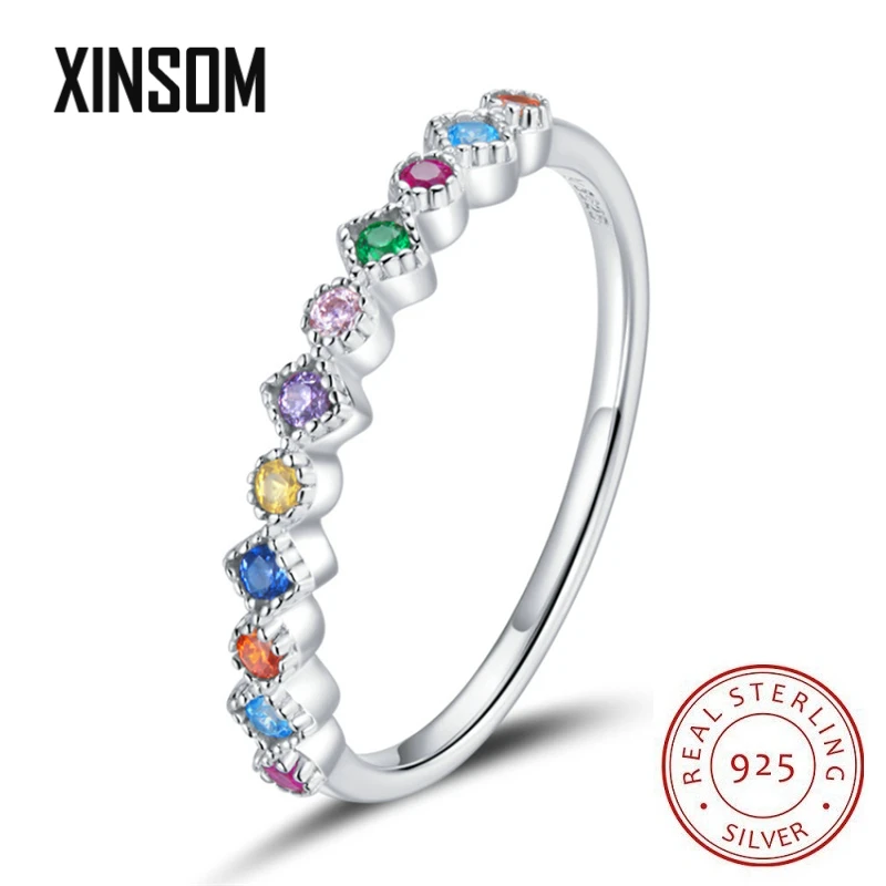 

XINSOM 925 Sterling Silver Rainbow Color CZ Rings For Women Minimalist Party Wedding Female Finger Rings Fine Jewelry Girls Gift