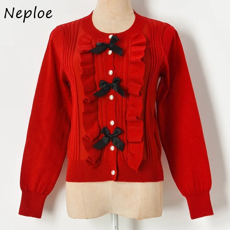 Neploe милые вязаные кардиганы с бантом и жемчужной пряжкой женский свитер длинным