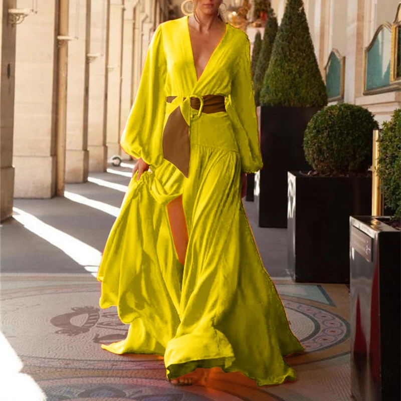 

Женское праздвечерние чное Платье макси с длинным рукавом-фонариком, весеннее однотонное Свободное длинное платье с глубоким V-образным вы...