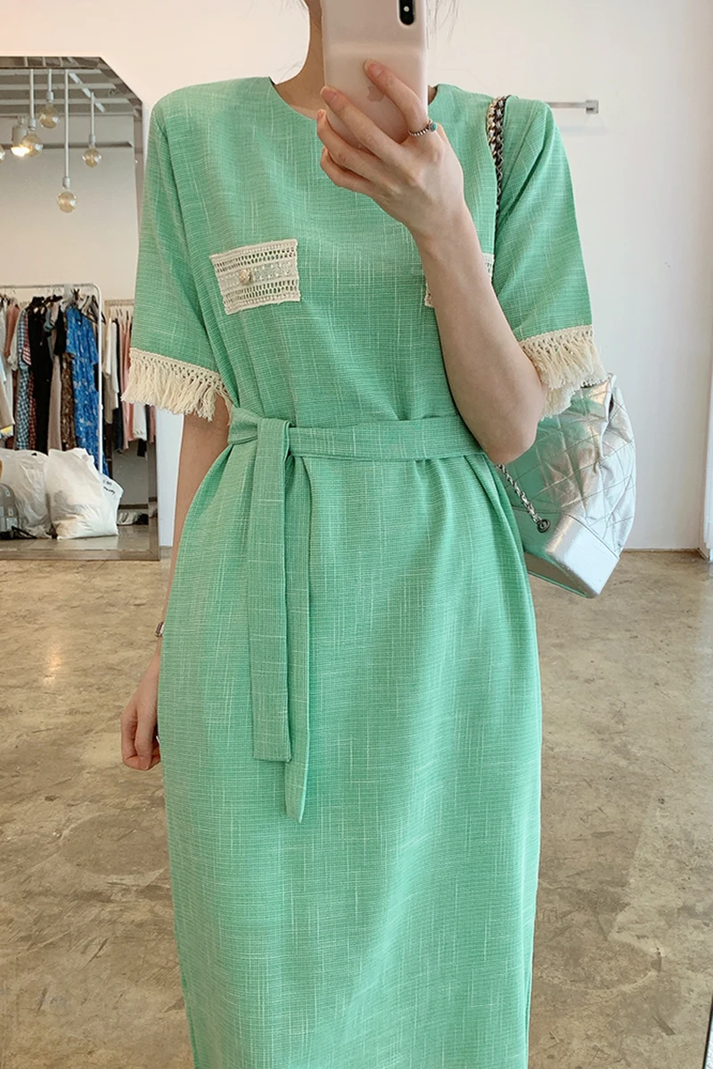 

ZCSMLL Vintage Round Neck Dresses Stitching Lace-up Waist Knee-length Short-sleeved Dress Women Korean 2021 Spring Summer