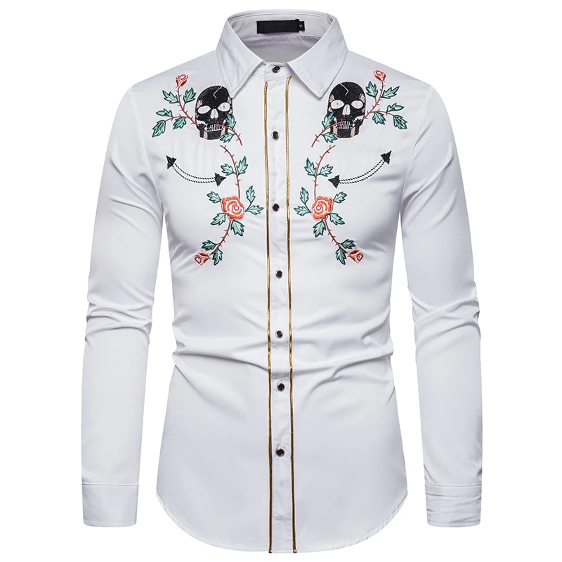 MJartoria новые мужские западные череп ковбоя цветок вышивка рубашка Slim Fit