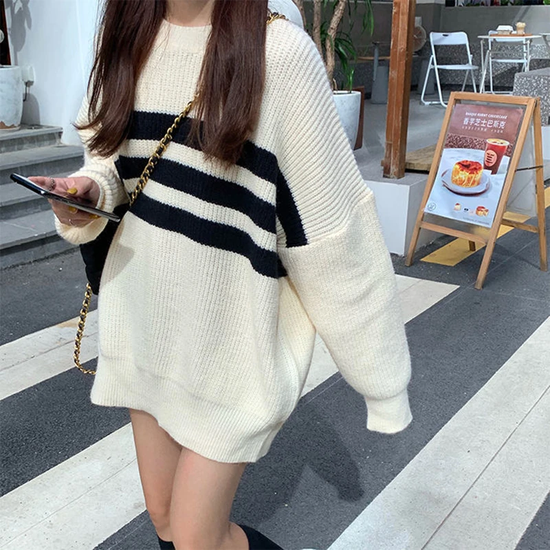 

2021 Autumn Winter Preppy Style Stripe Sweater Women O-Neck Striped White Sweaters Fashion Loose Pullover Mid Length Knitted