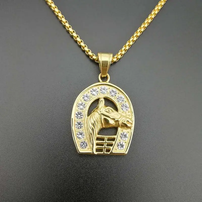 

Fashion Luxury Men and Women Animal Personality Golden Zircon Horse Pendant Necklace Jewelry Gift