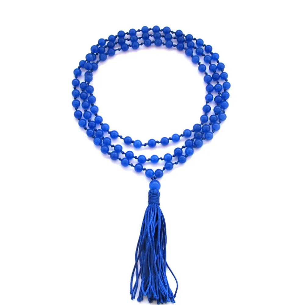 

New 6mm Natural Blue Onyx Hand Knotted 108 Beads Prayer Bracelet or Yoga Necklace Fashion Tassel Long Sweater Chain Wholesale