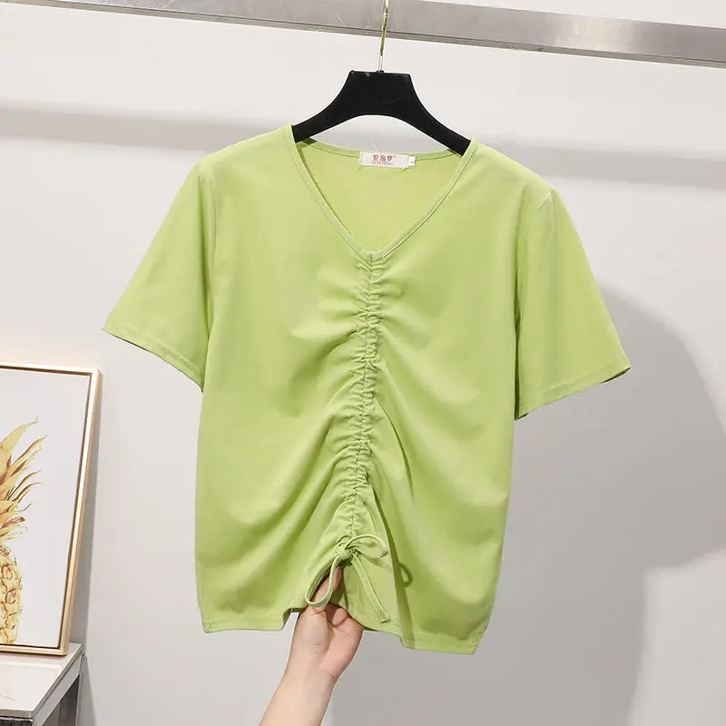 

Cotton Short Sleeve T-shirt Female Summer New Slim Fashion V-neck High Waist Drawstring Short Top Women Solid Color Tees P3 180