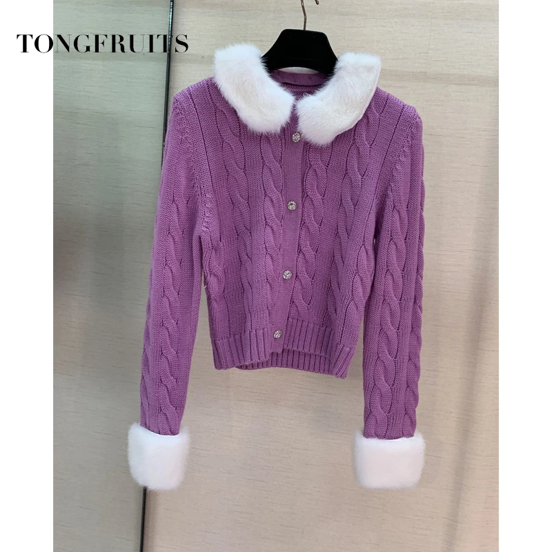 Белый норковый меховой воротник твист свитера Soild с длинным рукавом Femme