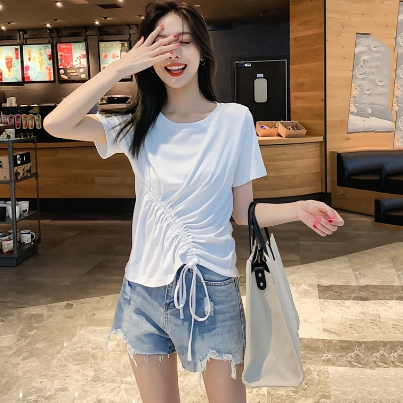 Женская одежда 2 цвета тонкие женские футболки на шнуровке простые повседневные