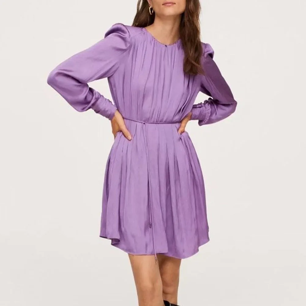 

Женское блестящее плиссированное платье Za, повседневное фиолетовое платье на шнуровке с длинным рукавом в стиле ретро, 2022