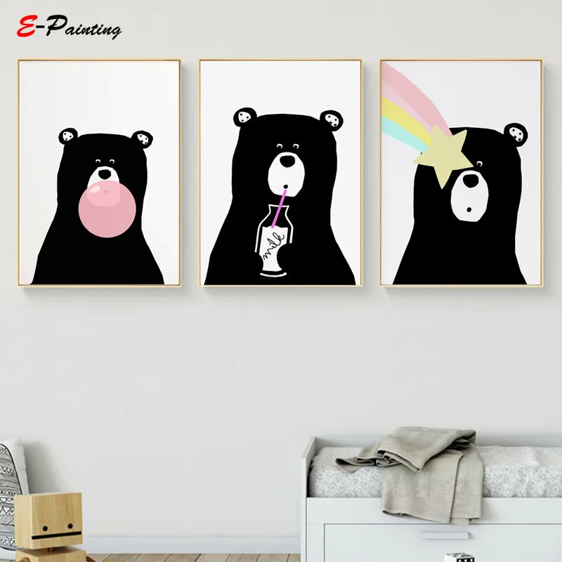Modern Wall Art Cute Black Bear with Star Woodland Prints Nursery Kid Bedroom Living Room Home Decor Christmas Gift | Дом и сад