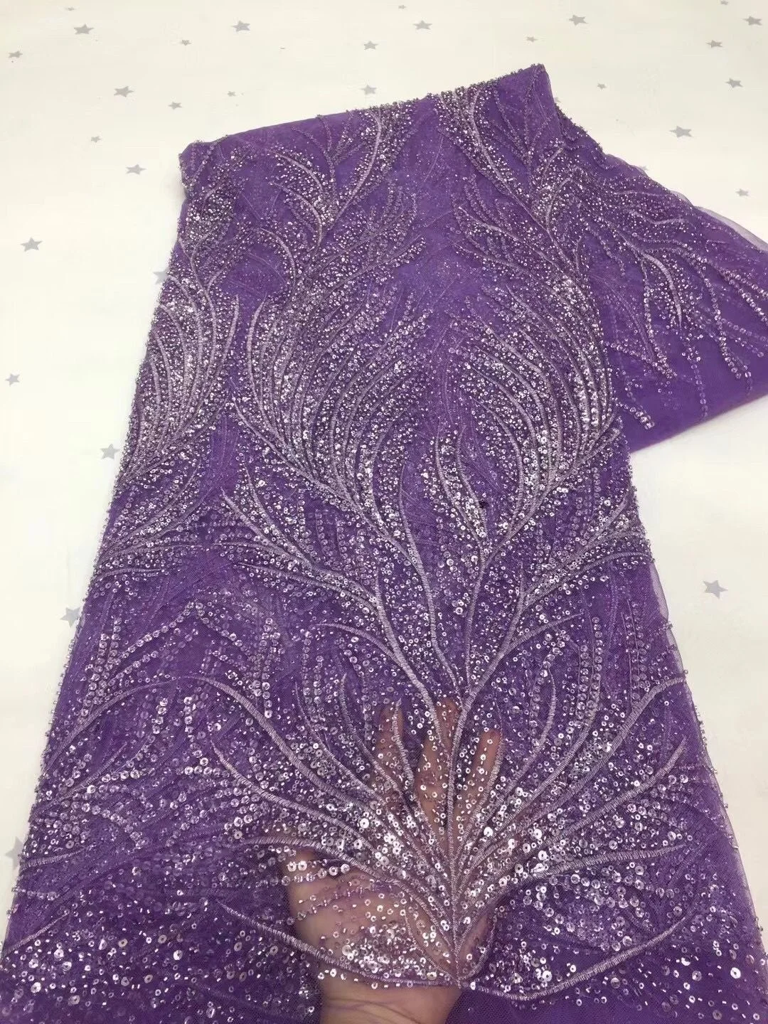

Handmade Beads Lace Fabric High Quality Beaded Laces Fabrics African purple French Tulle Mesh Lace for Nigerian Wedding Party
