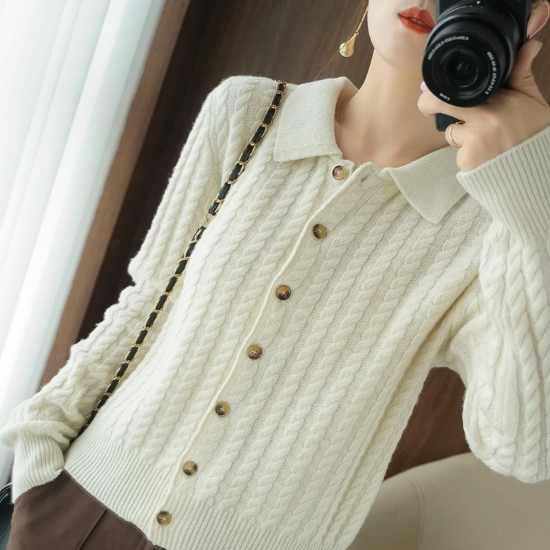 

women 's wool cardigans turn down collar long sleeves short fashion knitwear loose fashion warm female spring outerwear