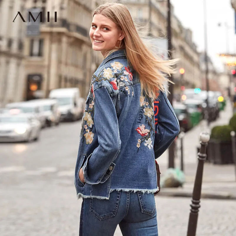 Amii винтажные джинсовые куртки с вышивкой Женские Весенние Новые повседневные