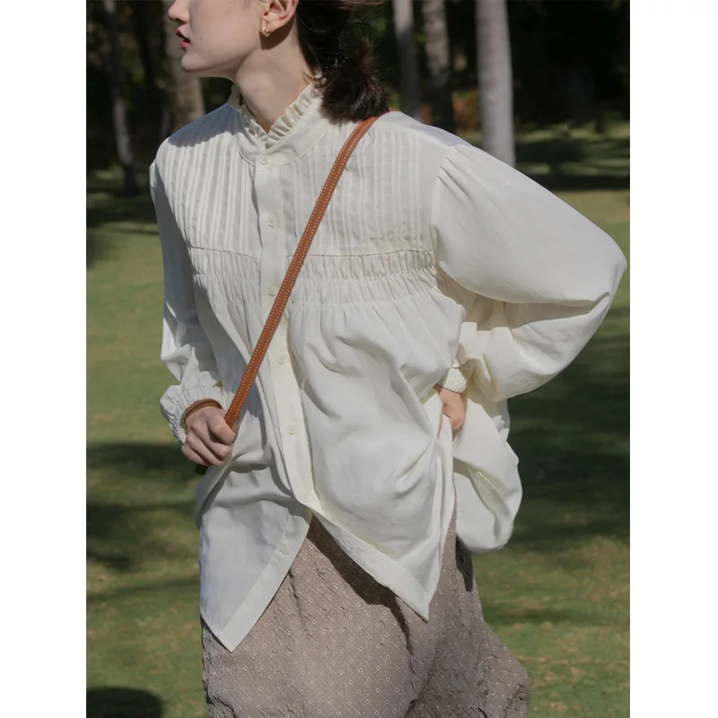 

Lace Small Standing Collar Shirt Women Spring/Summer 2021 New TemperamentOf Organ Pleated Design Feeling Top Trend