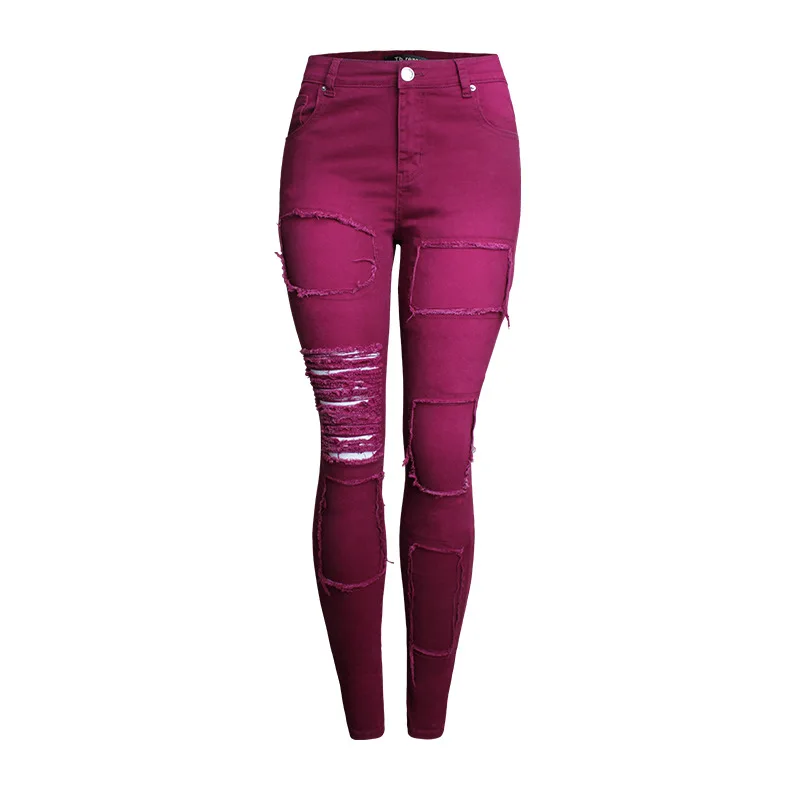 

Women Ripped Hole Distressed Jeans Push Up Hip Pencil Lift Skinny Stretch Burgundy Jean Trousers Leggings Slim Fit Denim Pants