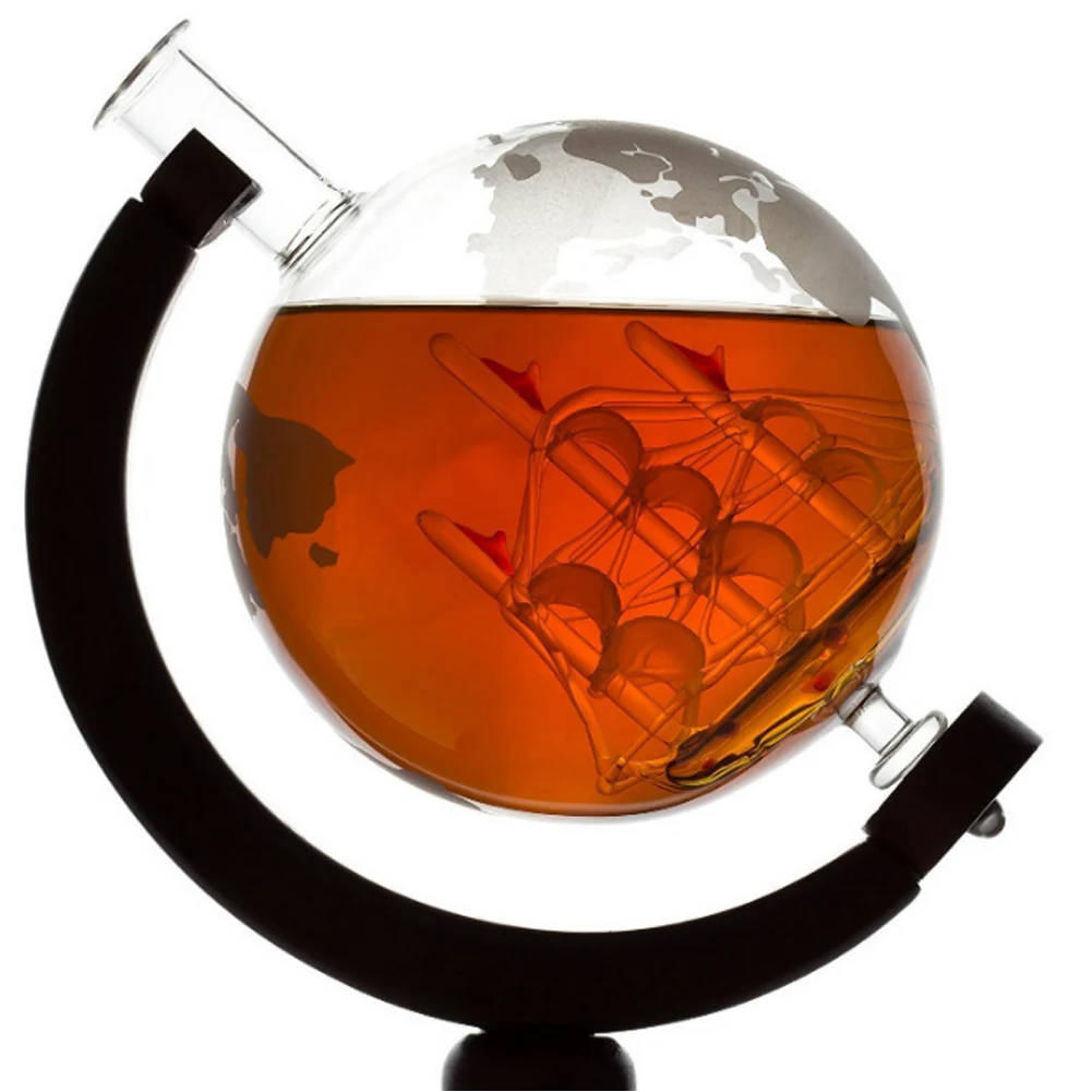

Etched Globe Design Decanter 850ml Whiskey Wine Decanter with Wood Frame for Home Bar ADW889