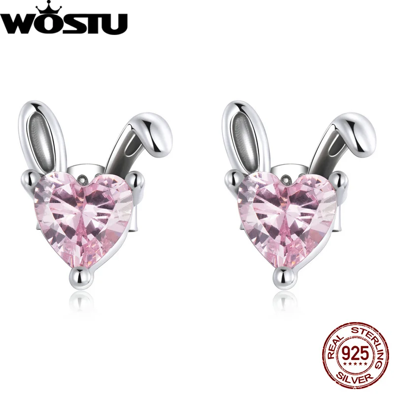 

Женские серьги-гвоздики в форме кроликов WOSTU, из 100% стерлингового серебра 925 пробы, серьги с розовым цирконием в форме сердца, подарок на день...
