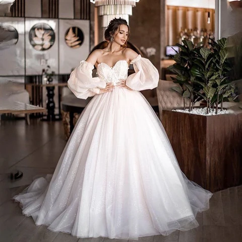 Новые Бальные платья со съемными пышными рукавами, блестящее свадебное платье, Фототюль