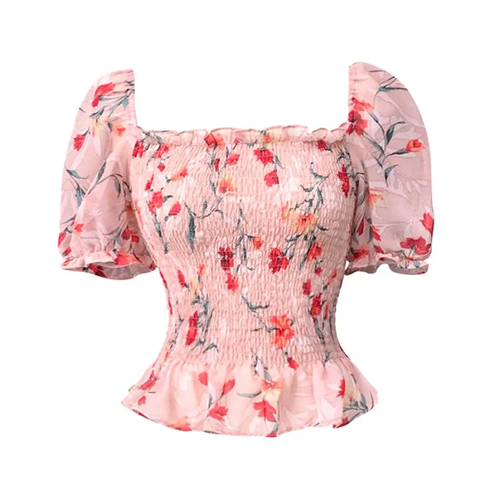 

Summer Women Floral Print Square Neck Short Sleeve Slim Waist Blouse Crop Top