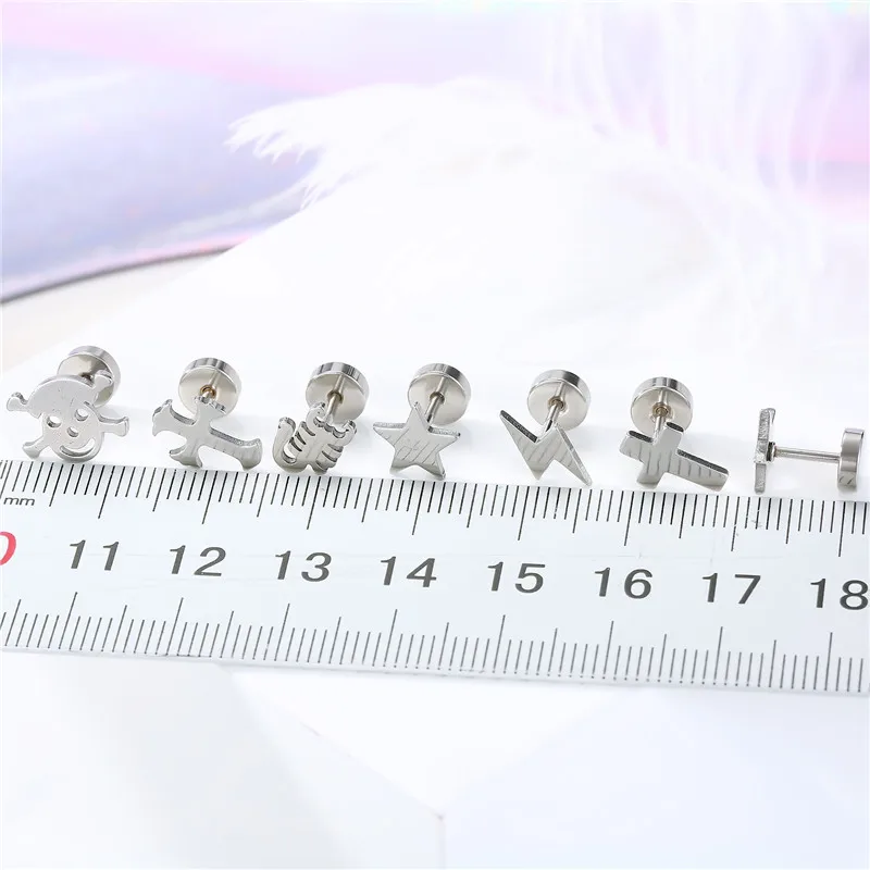 

1Pair Punk Stainless Steel Star Lightning Cross Stud Earrings Black Metal Triangle Scorpion Screw Earrings Men Women Jewelry