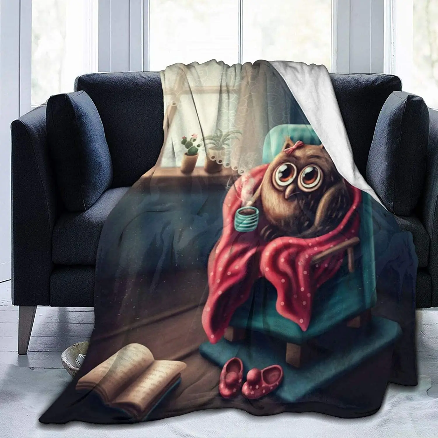 

Cute Owl Drinking Coffee Soft Throw Blanket All Season Microplush Warm Blankets Lightweight Tufted Fuzzy Flannel Fleece Blanket