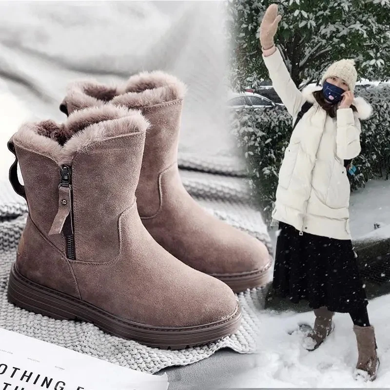 

Women Winter Plus Velvet Keep Warm New Fashion Mid-tube Short Cotton Boots Shoes Fashion Platform Woman Suede Plush Snow Boots