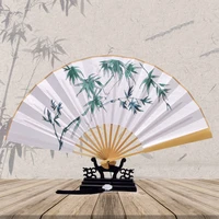 silk fabric folding fan green bamboo pattern chinese style fans
